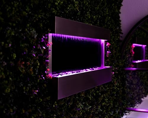 Image of 47 inches Indoor Wall-Mounted Waterfall Mirror Fountain - LED Lighted Silver Metal Decor with Rock Base by XBrand