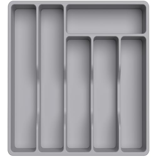 Lifewit 2 Pack Cutlery Drawer Organiser, Plastic Cutlery Tray for Kitchen Drawer, Utensil Flatware Silverware Holder Divider for Spoons Forks Knives Tableware, 6 Compartment,Grey