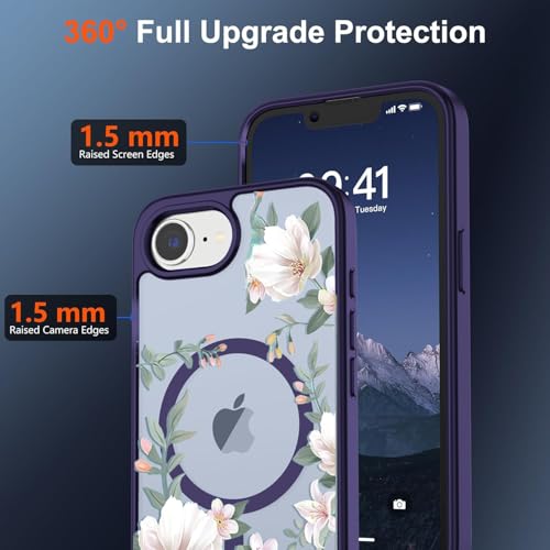 Image of VONZEE Compatible with iPhone 17e / iPhone 16e /SE4, Luxury Retro Flowers Floral Clear for Magnetic Wireless Charging Case Shockproof PC+TPU Cute Glossy Shiny Cover for Girls Women, Deep Purple