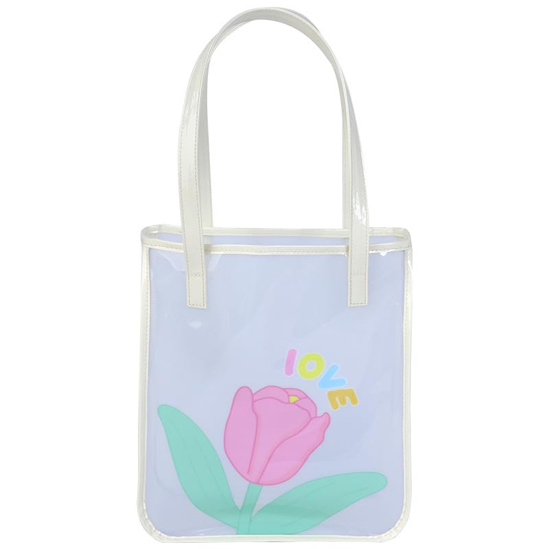 Jelly PVC Beach Bag Tote - Spacious Water Resistant Shoulder Bag Floral Love Print Transparent for Pool Travel Party (13x27x31cm)