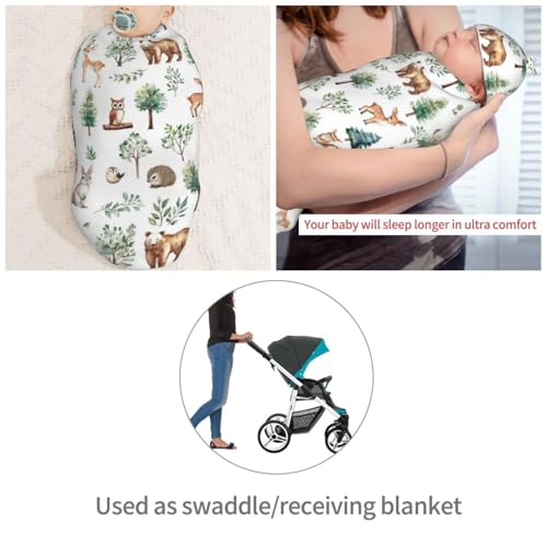 Image of Watercolor Woodland Animal Tree Swaddle Blanket with Beanie Hat Set Newborn Receiving Blankets Baby Swaddle Wrap Soft Swaddle Blankets for Baby Boys and Girls
