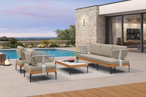 Image of PURPLE LEAF Patio Furniture Set Outdoor Conversation Sets with Fade-Resistant Cushions and Pillows 6 Pieces Aluminum Modern Wicker Sofa Chairs Plus Coffee Table for Balcony Yard Garden, Taupe