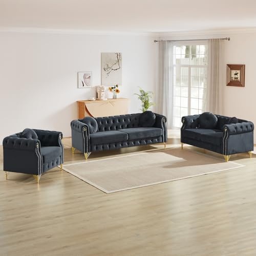 3 Pieces Mid Century Modern Chesterfield Sofa Set, Upholstered Button Tufted Velvet Couch with Nailhead Trim & Gold Legs, Deep Seat Comfy Sofa for Living Room, Bedroom, Office(37"+60.5"+82", Black)