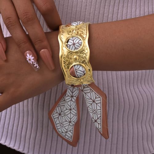 Women Trendy 2 in 1 Silk Scarf Wide Open Cuff Bangle Bracelet Set,18K Gold Plated Adjustable Scarf Cuff Bracelet, Stainless Steel Fashion Statement Wrist Cuff Wrap Jewelry Gifts4