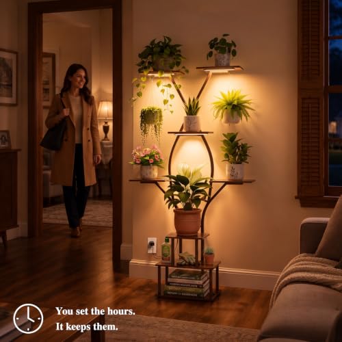 Image of Plant Stand with Grow Lights for Indoor Plants, 8 Tier 65 inch Tall Corner Plant Shelf for Multiple Plants, Curved Metal Flower Rack with Hanging Hooks, Living Room Bedroom Apartment (Black)