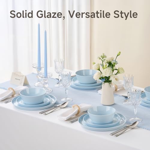 Image of KINGSTONE 18-Piece Bone China Dinnerware Sets, Sky Blue | Lightweight Plates & Bowls Set | Straight Rim Bowl Dinner Set | Scratch Resistant | Microwave & Dishwasher Safe | Serves 6