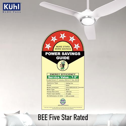 Image of KUHL Meridian M1 1200MM 65% Power Saving BLDC Ceiling Fan With Remote | BEE 5 Star Rated & ISI Marked | High Air Flow | Down Light & Reverse Mode | 5 Year Warranty on Motor | Free Installation |White