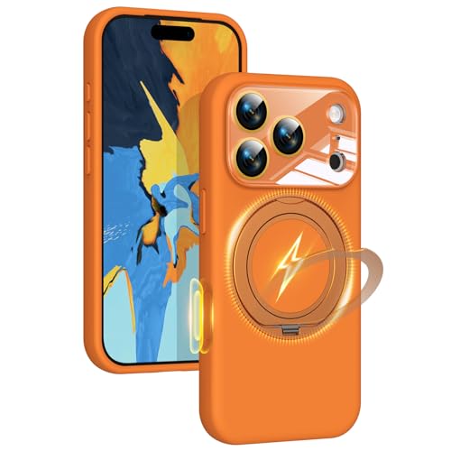 Image of Silicone 360 Spin Magnetic Stand Case for iPhone 17 Pro, [Compatible with Mag-Safe][Reinforced Hard Camera Protection] Liquid Silicone Rubber Phone Case Cover with Ring, Camera Button, Orange