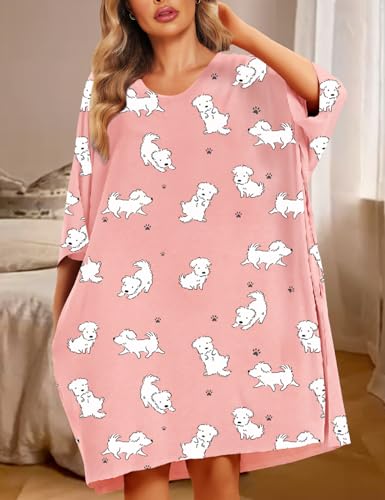 Image of KFUBUO Plus Size Nightgowns for Women Oversized Sleep Tshirts Dress Short Sleeves Sleepwear With Pocket Fit S-5XL