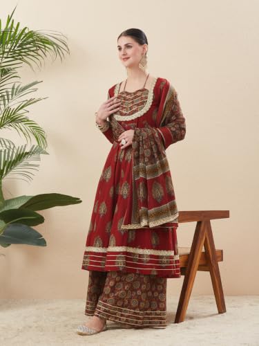 Image of MOKOSH Women's Cotton Print Anarkali Kurta Sharara with Dupatta | Anarkali Kurta Set | Queen Anne Neck Full Sleeve Ethnic Suit | Floral Kurta 3 Colour Option Available | 3 Piece Outfit