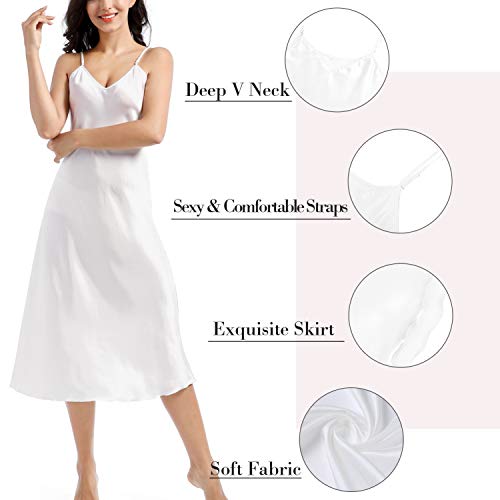 Mineee Womens Satin Nightgown Long Slip Sleep Dress Silk V Neck Nightgowns For Women White #TOP2