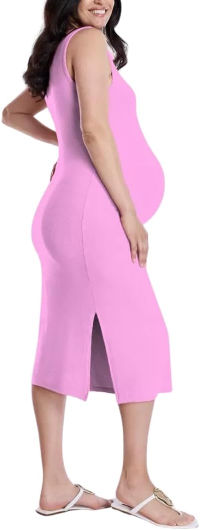 Motherhood Maternity Women's Sleeveless Crew Neck Rib Knit Midi Pregnancy Bodycon Dress