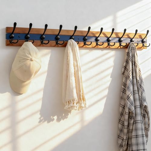 Image of SKOLOO Rustic Wall Mounted Coat Rack - 38-1 /8 inch Long Coat Hooks for Wall with 10 Triple Hooks for Hanging Coats, Hats or Tools, Western National Parks Collection, Wood Brown & Blue