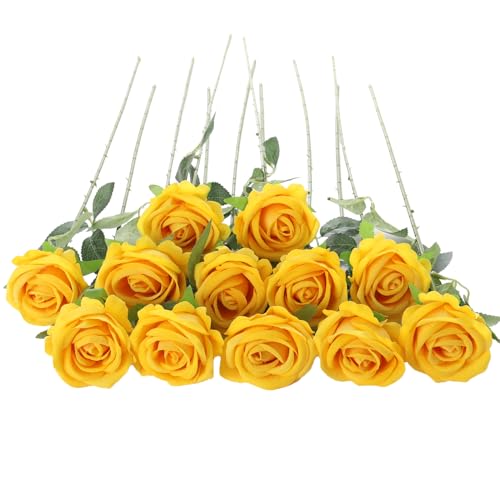 Cloudecor 12Pcs Yellow Roses Artificial Flowers Fake Roses Faux Velvet Silk Flower for Home Wedding Decoration (Pearl Rose Yellow)