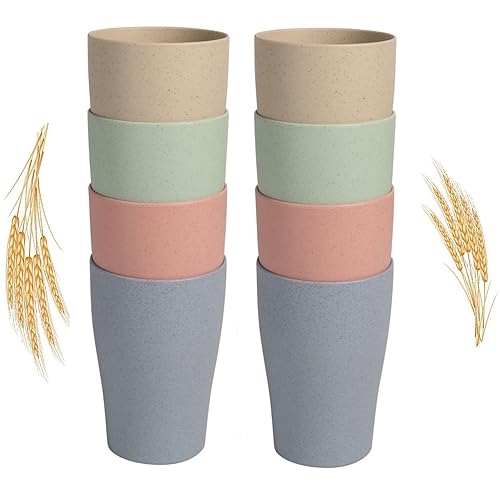 WANBY Wheat Straw Cup 8 Pcs Unbreakable and Reusable Drinking Cups Eco-Friendly Healthy Tumbler Set for Milk Juice and Water Dishwasher Safe (8 Pcs 15 Oz)