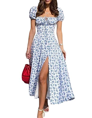 Vestido largo de corsé bohemio para mujer, cuello cuadrado, sin mangas, vestido midi casual, con abertura, estilo cabaña, acampanado, F-puff Sleeve Blue, Medium