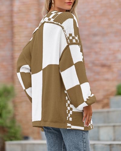 Image of BTFBM Casual Cardigan Sweater for Women Fall 2026 Long Sleeve Open Front Chunky Knit Sweaters Checkered Outwear Coat