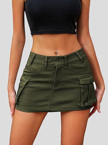 Image of ELLEVEN Low Rise Denim Mini Skirt for Women High Stretch Jean Skirts | Women's Sexy Bodycon Cargo Denim Skirt with Pockets, Y2K Casual Jean Style, Trendy Summer Outfits
