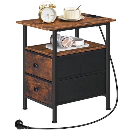 HOOBRO Mesita Auxilar con Base de Carga, Mesa Auxiliar Estrecha, Mesilla de Noche con 2 Cajones en Tejido no Textil, Mesa Auxiliar de Sofá Estrecha para Espacios Reducidos, Marrón Vintage EBF486CBZ01 - imagen 9