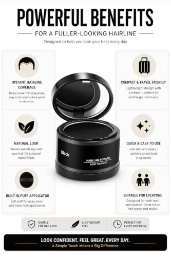 Image of Hair Line Powder Root Touch Up | Hairline Shadow Powder with Puff Applicator | Instant Hair Root Cover for Thinning Hair, Grey Roots & Bald Spots | Natural Matte Finish | Black