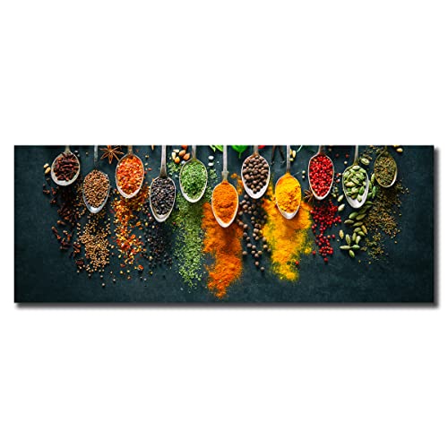 daazoo Küchenbild Vivid Spices 30 x 80 x 0,4 cm I Glasbild | Löffel frische Kräuter & Gewürze | Pfeffer Curry Beeren Pistazien Salz Körner Nüsse I Bild auf Glas I Küche Esszimmer | Home Deko XXL Cover