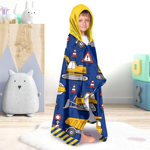 Image of Engineering Vehicle Boys Beach Towel with Hoodie for Kids Toddlers Age 4-8,Car Blue Bath Towels Shower Wrap for Boys, Hooded Poncho Beach Blanket for Pool Swimming Cute Wearable Bath Towel for Child