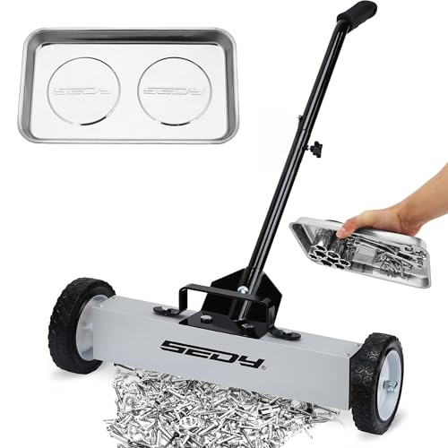 18-Inch Rolling Magnetic Sweeper with 9.5-inch Magnetic Trays, 45-Pound Capacity Telescoping Magnetic Pickup Lawn Sweeper, Adjustable Handle Pick-up Sweeper for Nails, Screws Workshop Garage Yard