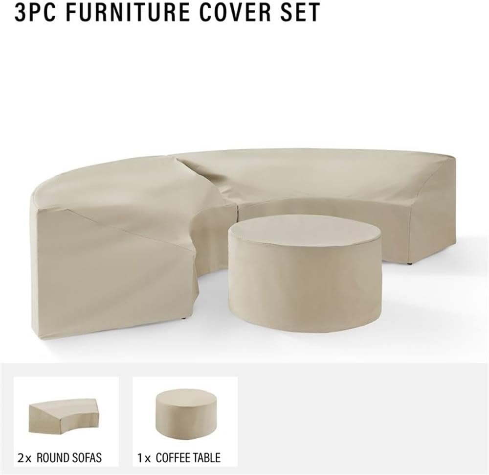 Pemberly Row 3-Piece Vinyl Patio Sectional Sofa Cover Set, Tan Finish, Reinforced Heavy-Gauge Material, Scratchproof, Puncture-Resistant, Fits Round Wicker Sectional Sofa and Coffee Table, Outdoor