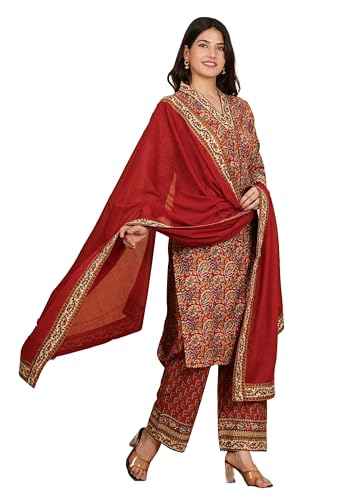 Image of Vbuyz Women Floral Print With Mirror Work Cotton Kurta Palazzo With Dupatta