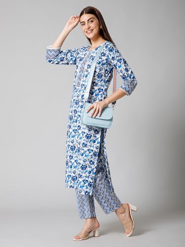 Image of Eight Colors Cotton Kurta Set with Pant for Women | Women Kurta Sets Kurtis | Women Kurta Pant Set | Women Kurta Pant Set Women Kurti Set with Pant (Neel)