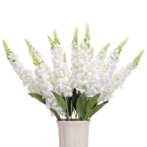 Ovveroche 15 Pcs Delphinium Artificial Flowers for Decoration 27.5 Inch Long Stem Larkspur Fake Flowers White Faux Silk Bouquets for Tall Vase Wedding Home Decor Floral Arrangements(White)