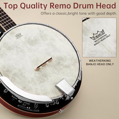 Image of Kmise Banjo, 5 String Electric Acoustic Banjos with Remo Head Full Size 38 Inch Closed Back with Removable Resonator, Strings Pack, Finger Picks, Strap, Case for Beginners Adults Starter Gift