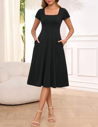 Annebouti Womens Spring Summer 2025 A-Line Square Neck Short Sleeve Semi-Formal Casual Work Midi Dress with Pockets2