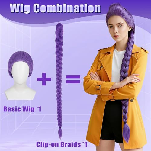 Long Purple Cosplay Wig with Braid Ponytails, Anime Aldult Cosplay Costume for Women Halloween Party Costume2