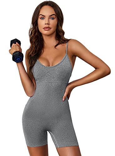 Dokotoo Ladies Yoga Rompers Workout One Piece Seamless Backless Exercise Spaghetti Strap Jumpsuits Gym Tummy Control Sexy Sports Bodysuits Plus Size Gray Medium #TOP17