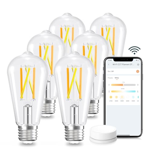 Image of Linkind Smart Edison Light Bulb, ST19 (58) Vintage Bulb, 6 Pack with Remote | Work with Alexa /Google Home, 2700K-6500K Warm White to Daylight LED Filament Bulb, Smart Dimming, WiFi E26 Bulb 8W 60W 800LM