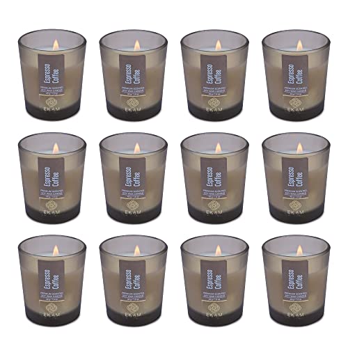 Image of EKAM Espresso Coffee Votive Soy Wax Scented Candle, 40 Grams, 10 Hours Burn Time| Long Lasting Premium Candles | Ideal for Home Decor | Gifting & Aromatherapy (Pack of 12)