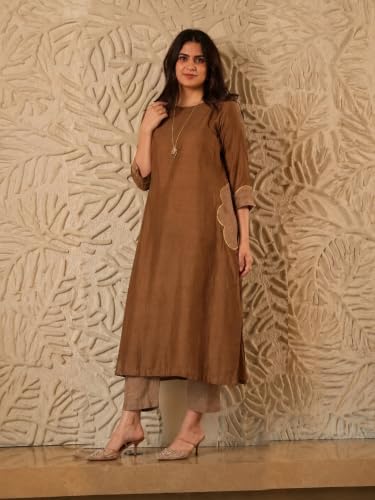 Image of ANNI Designer Viscose Blend Solid Kurta with Pant for Women | A-Line Kurti Set for Woman | 3 /4 Sleeve Close Round Neck Stylish Kurta Pant Ethnic Outfit Party Wedding