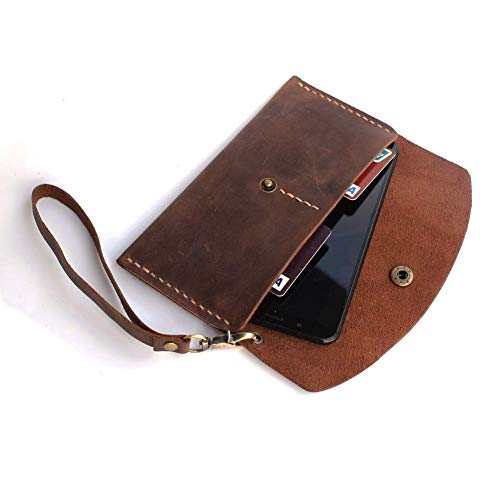 Handmade Leather Wristlet Wallet with Card Slots Retro Multi-function Envelope Mobile Phone Card Holder Clutch Wallet with Hand Wrist Lanyard2