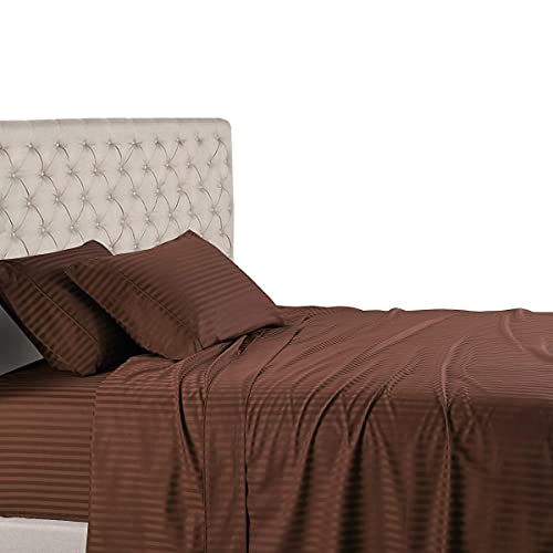 Royal Hotel Stripe Sheets - 600 Thread Count - 4PC Bed Sheet Set - 100% Cotton - Sateen Stripe, Deep Pocket, Queen Size, Chocolate