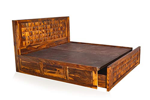 Image of Solid Wood King Size Bed for Bedroom | Wooden Furniture Crafted from Premium Sheesham Wood | Elegant Bedroom Double Bed with Drawer Storage | Honey Finish (211X188X114 Inches)
