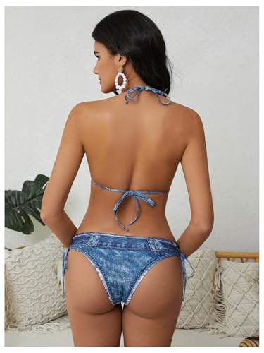 MakeMeChic Women's Bikini Set Denim Print Halter Tie Back Triangle Swimsuit Beachwear2