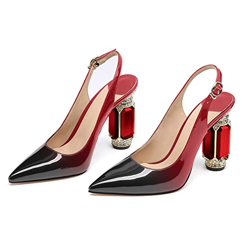 Image of JANSEVEN Women Chunky Heels Pumps Crystal Block Heels with Rhinestones Pointed Toe Sexy Gradient Patent Leather Slip on Bridal Party Wedding Dress Shoes 5-13 M US