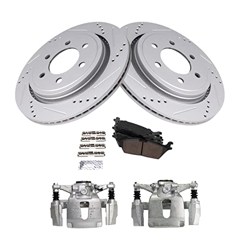 Image of TRQ Rear Performance Brake Pad, Caliper, & Rotor Kit Ceramic Vented Premium G-Coated Compatible with 2015-2017 Ford F-150