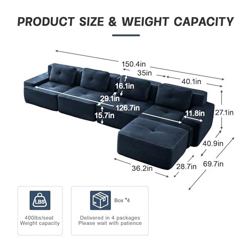 Image of 153 inch L-Shaped 4-Seater Modular Boneless Couch with Ottoman, Soft Corduroy Cloud sectional Sofa, Oversized Deep Seat, No Assembly Anti-Slip Stable Sofa, Blue
