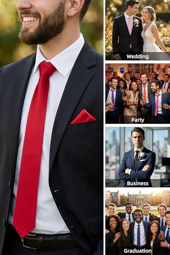 Image of HISDERN Mens Ties Solid Color Ties for Men Formal Necktie with Pocket Square Set Satin Silk Neck Tie Handkerchiefs Set