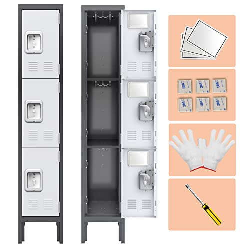 Kaer Metal Lockers For Employees,3-Tier Storage Locker,Locker Cabinet For Home Gym Office School Garage With Mirror,Screwdriver,Gloves,Unassembled (Grey+White, 3-Tier) #TOP17