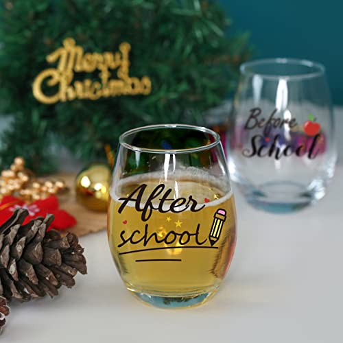 Before School After School Wine Glass, Teachers Gift Set For Women, 15 Oz Stemless Wine Glasses, Ideal Gift For Teacher Appreciation Day, Birthday, End Of Term, Christmas, Thanksgiving #TOP4
