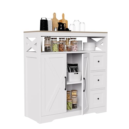 Liuyoyo Aparador de cocina de 100 cm de ancho, con 3 cajones y 2 puertas, armario buffet con espacio de almacenamiento abierto, para cocina, salón, comedor, color blanco