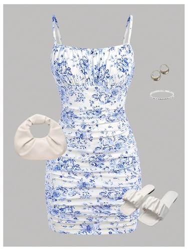 Floerns Girl's Floral Print Spaghetti Strap Bodycon Dress Mesh Ruched Cami Mini Dress3